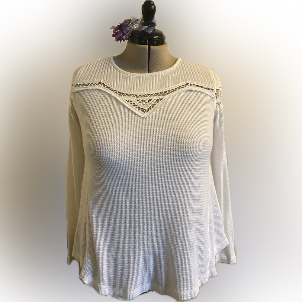 Free People Waffle Knit Lace Insert Long Sleeve Top in Ivory, Size XL